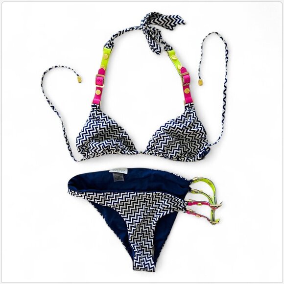 Beach Bunny I Will Wait Bikini Scrunch Butt Neon Faux Leather Navy Zig Zag NEW L - Picture 4 of 6